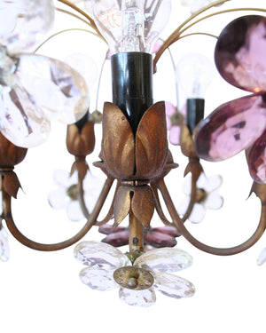 Chandelier with a brass structure in the shape of branches and crystal colored flowers  with five light holders. Italy