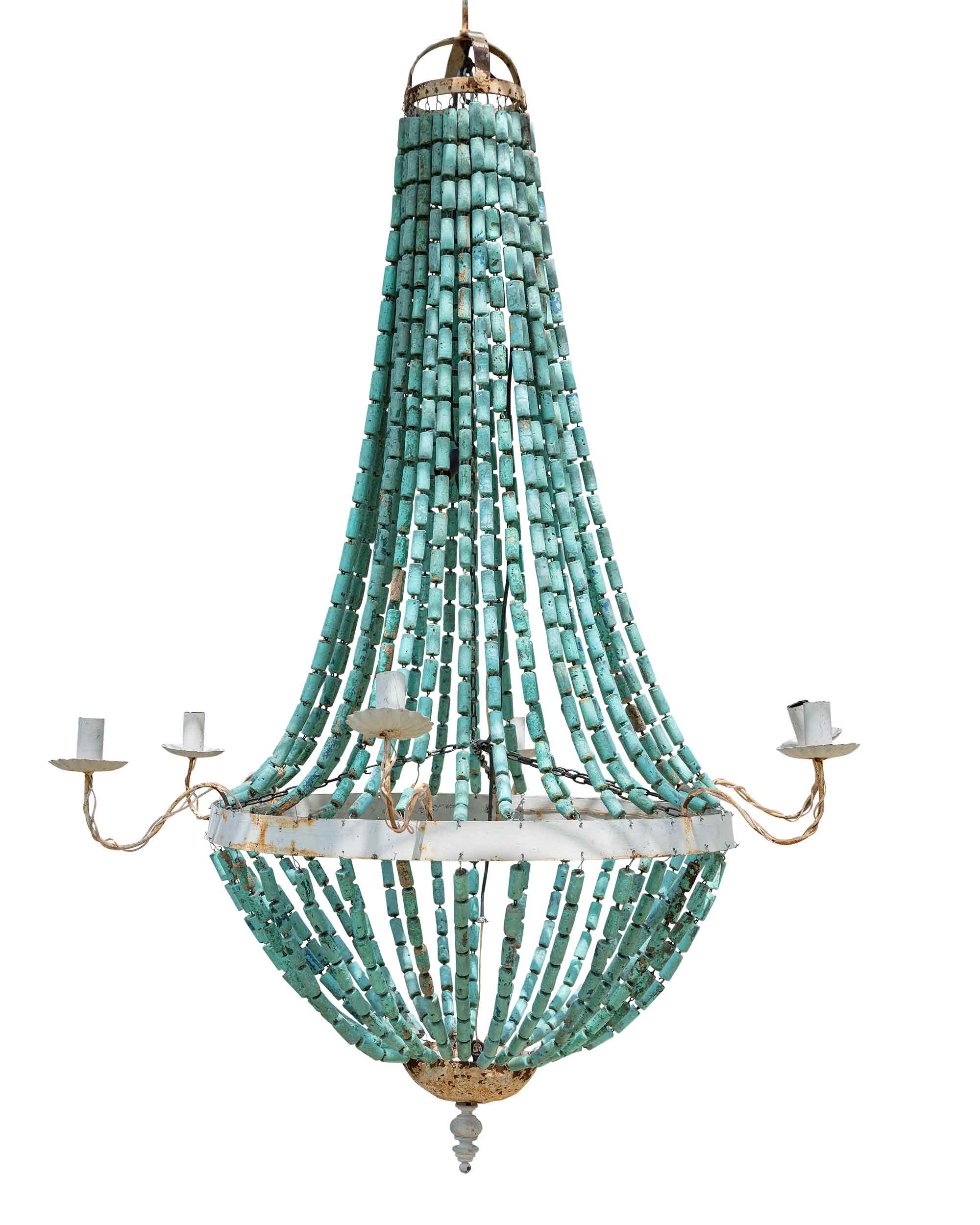 Ceiling lamp with wrought iron structure with water green cork chains and six light holders