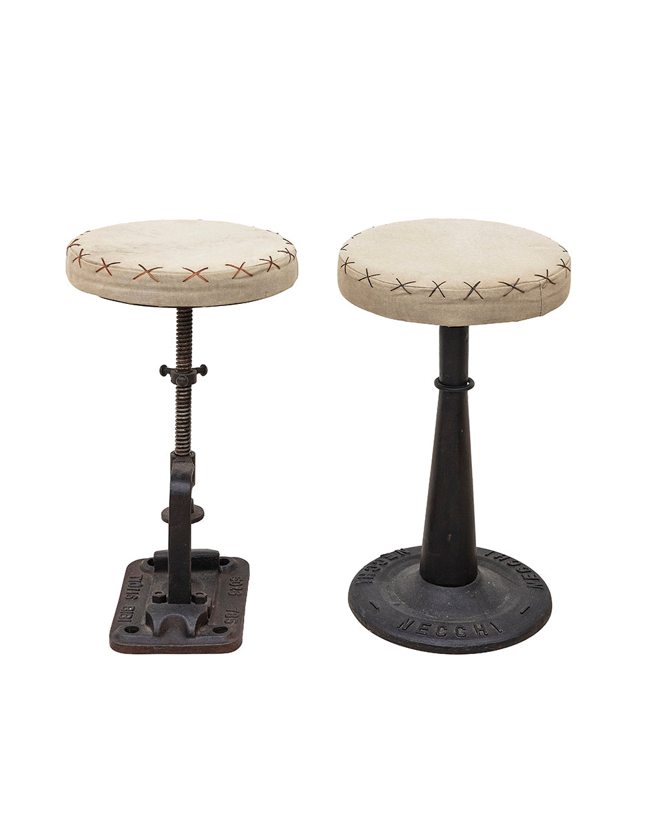 Pair of leather stools with industrial legs. XIXth century