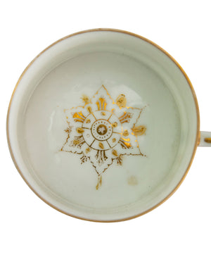 Juego de té Art Nouveau celeste y dorado, con remate de ondas y representaciones de escenas varias