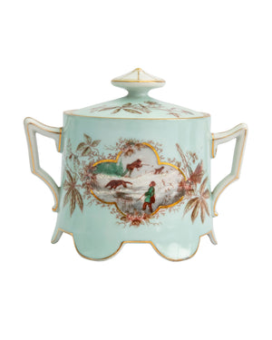 Juego de té Art Nouveau celeste y dorado, con remate de ondas y representaciones de escenas varias