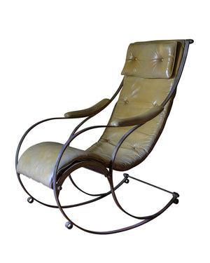 Pair of rocking chairs by R.W Winfield in olive green leather with curved iron frame. XIXth century