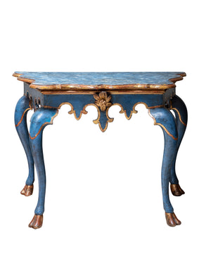 Consola azul y dorada en madera tallada. Italia. Siglo XVIII