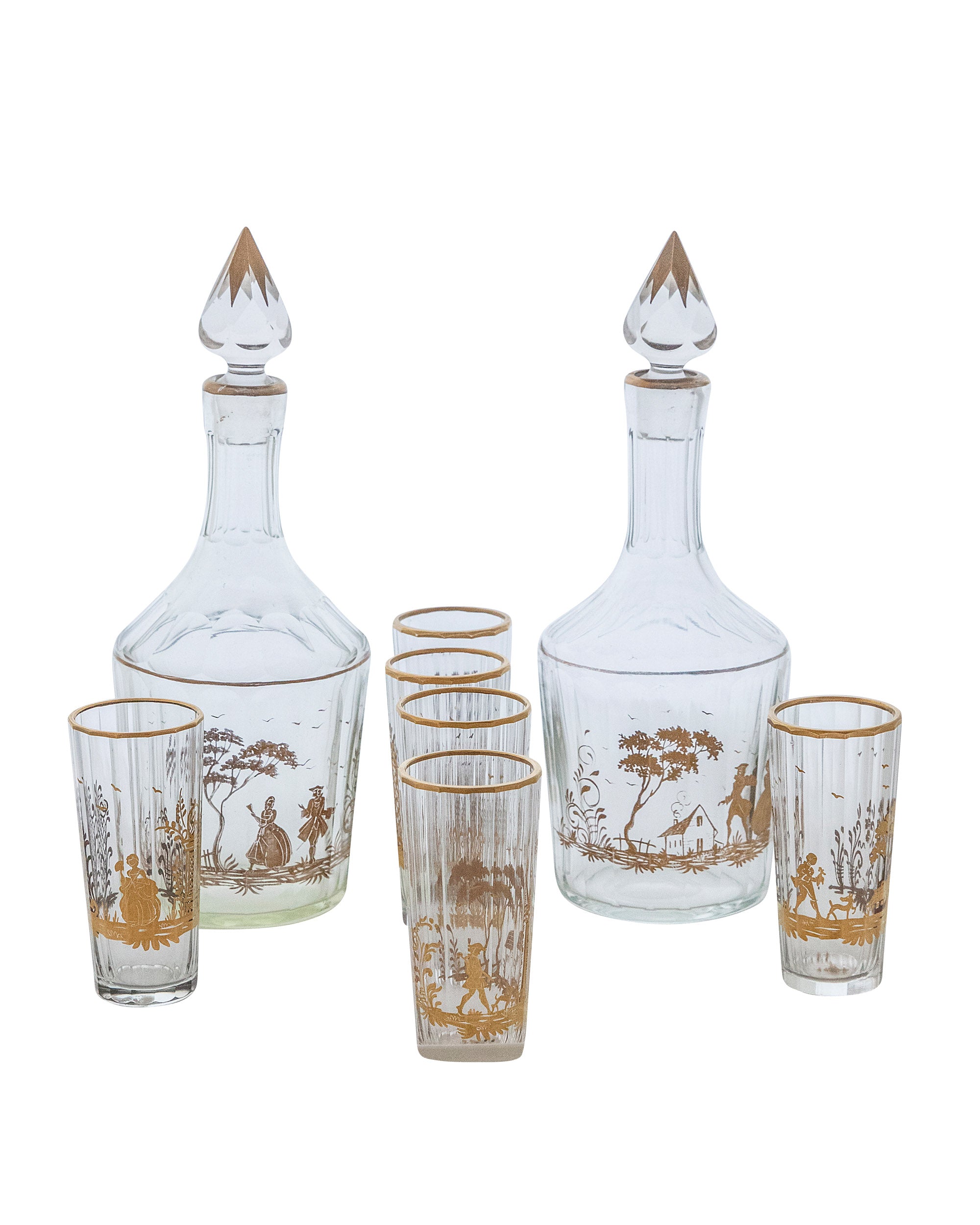 Hand painted set consisting of two bottles and six fluted crystal glasses