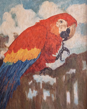 Parrot painted in oil on signed canvas. C. Behr. 1944