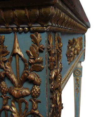 Pareja de consolas en madera policromada, tallada y dorada con sobre en estuco pintado. España. Primera mitad siglo XIX