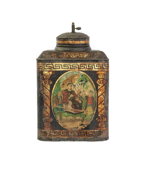 Hand-painted tea tin with Chinese-styled motifs