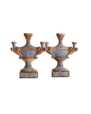 Couple of wooden cups with blue and golden patina and marbled base
