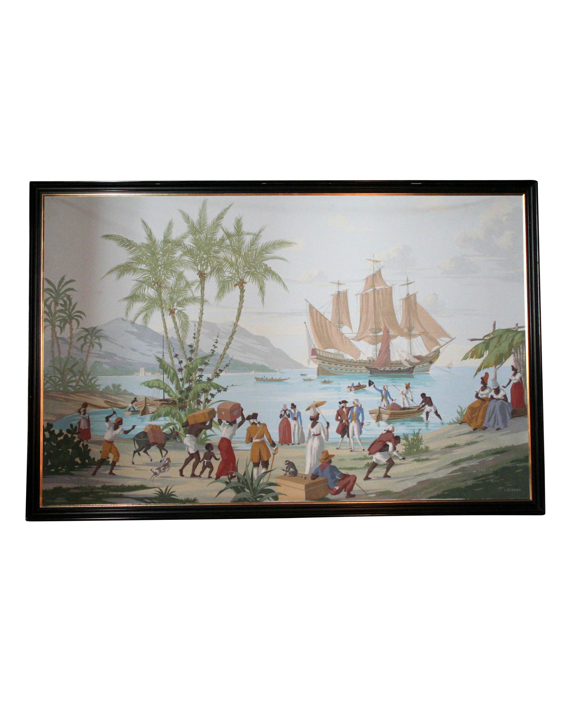 Toile peinte à l'huile représentant une scène commerciale dans les Antilles. XXème siècle. S. Hubert