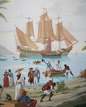 Lienzo pintado al óleo representando una escena comercial en las Indias Occidentales. Siglo XX. S. Hubert