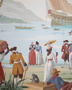 Toile peinte à l'huile représentant une scène commerciale dans les Antilles. XXème siècle. S. Hubert