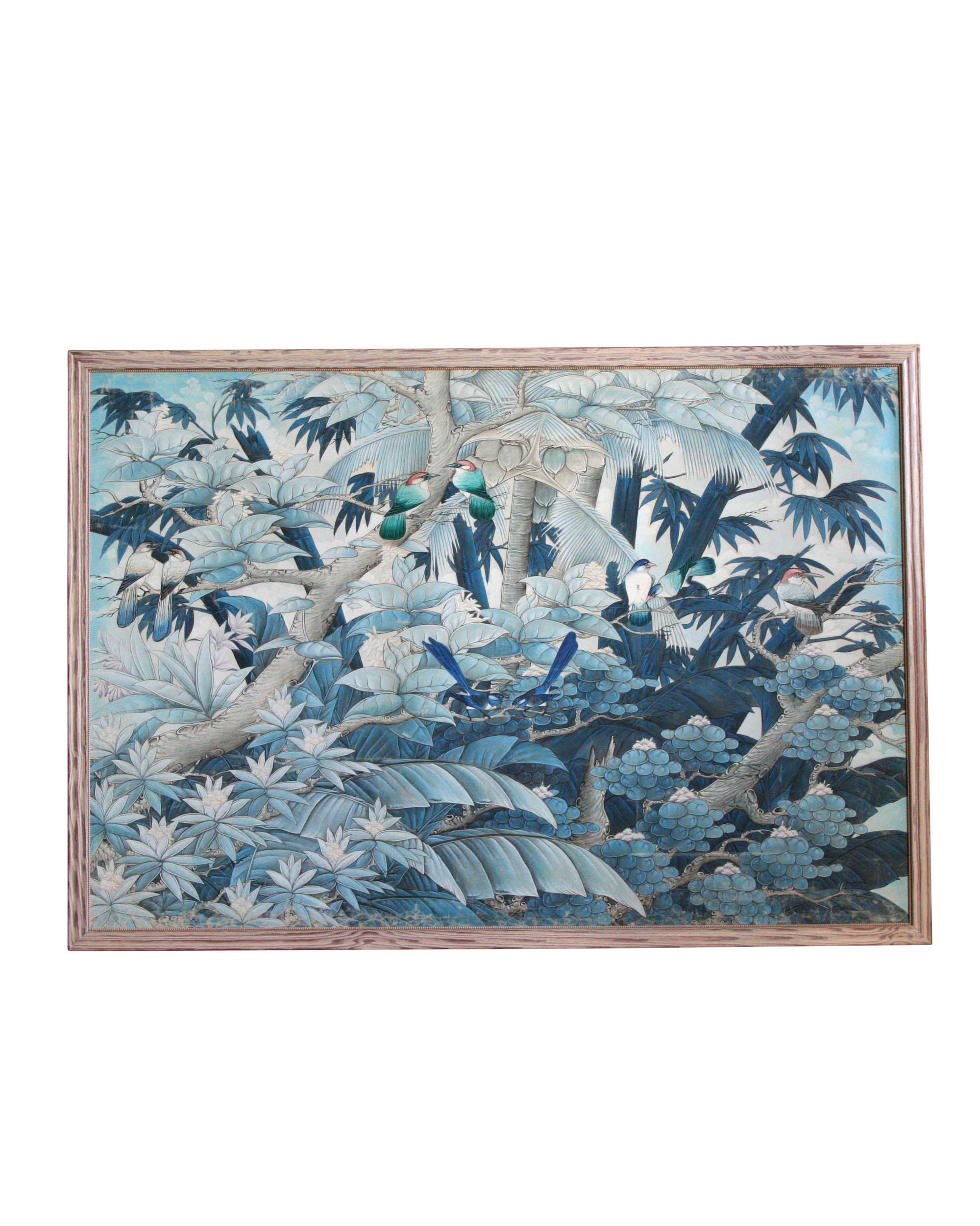 Óleo sobre lienzo de paisaje azul con pájaros. Años 70.