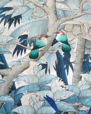 Toile peinte à l’huile de paysage bleue avec des oiseaux. Années 70's