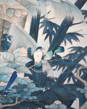 Oil on canvas of blue landscape with birds. 1970's