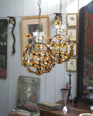 Pair of Italian ceiling lamps with yellow flower decorations and a brass structure