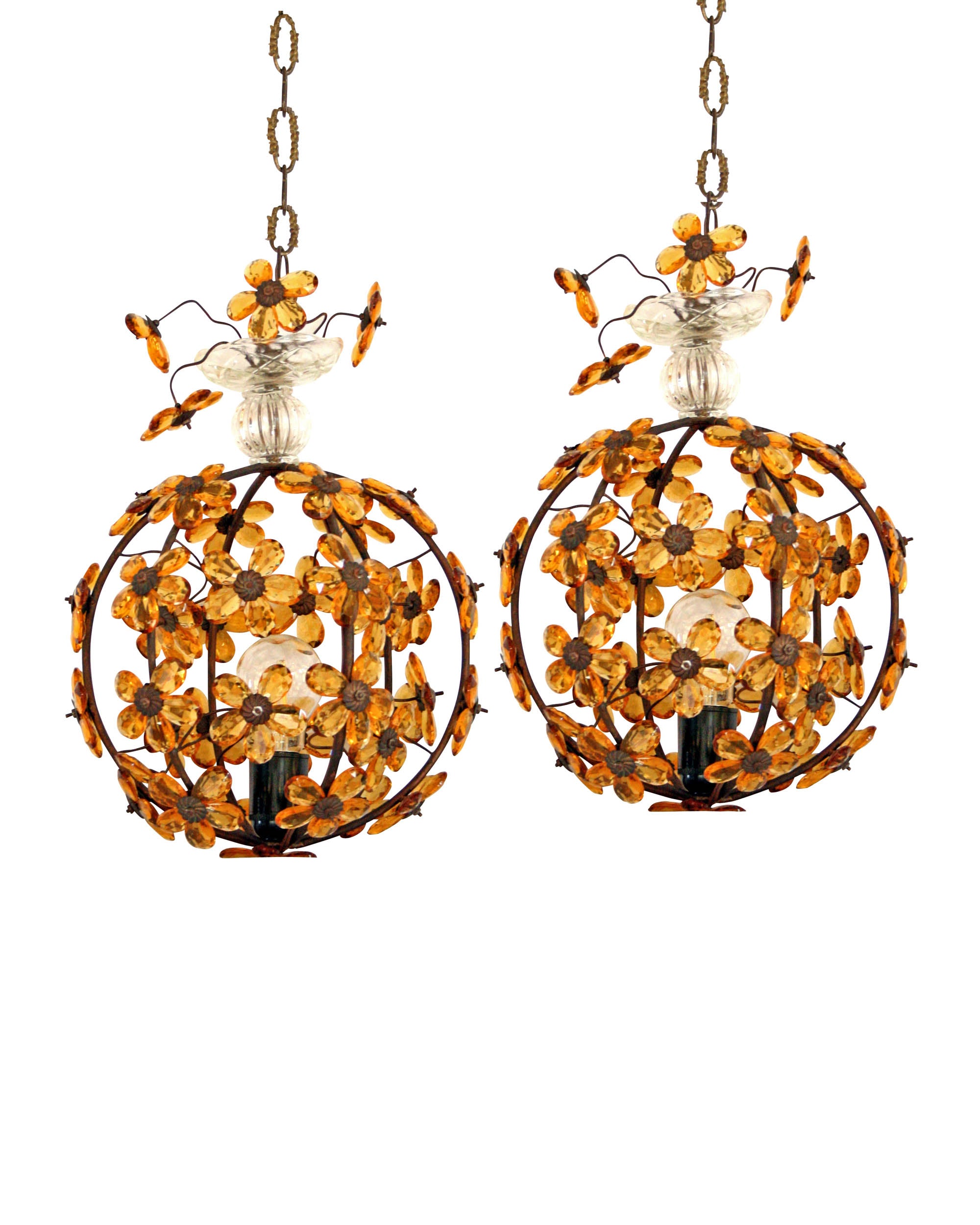 Pair of Italian ceiling lamps with yellow flower decorations and a brass structure