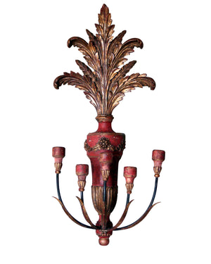 Aplique de madera tallada con pátina roja y dorada con forma de palma con cinco portaluces