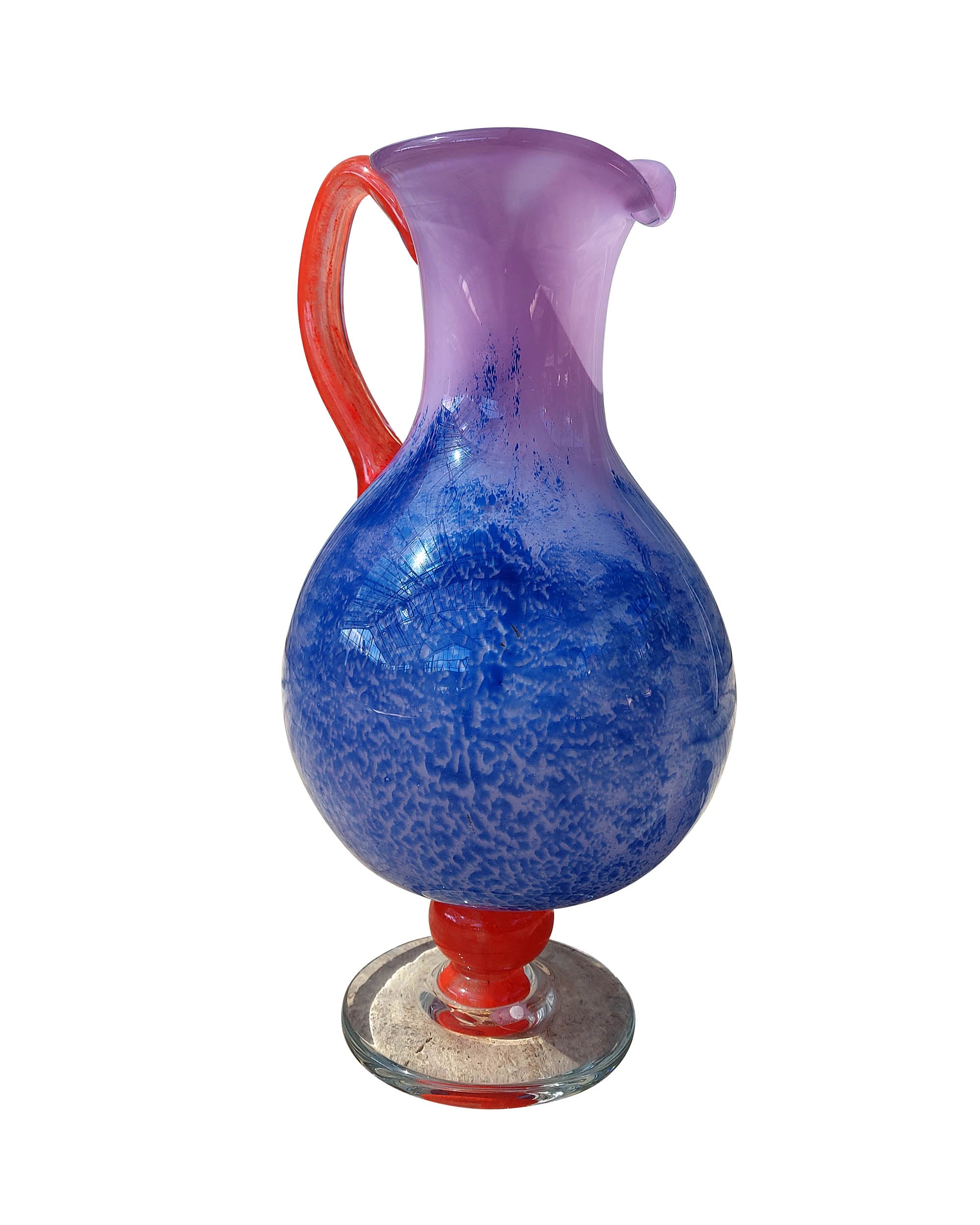 Pichet en verre de Murano avec anse et pied orange et corps lilas et bleu