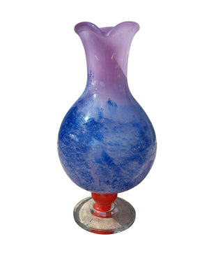 Jarra de cristal de Murano con asa y pie naranja y cuerpo lila y azul