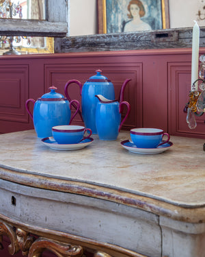 Blue Limoges coffee set with burgundy rim
