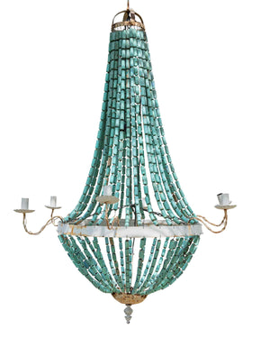 Ceiling lamp with wrought iron structure with water green cork chains and six light holders