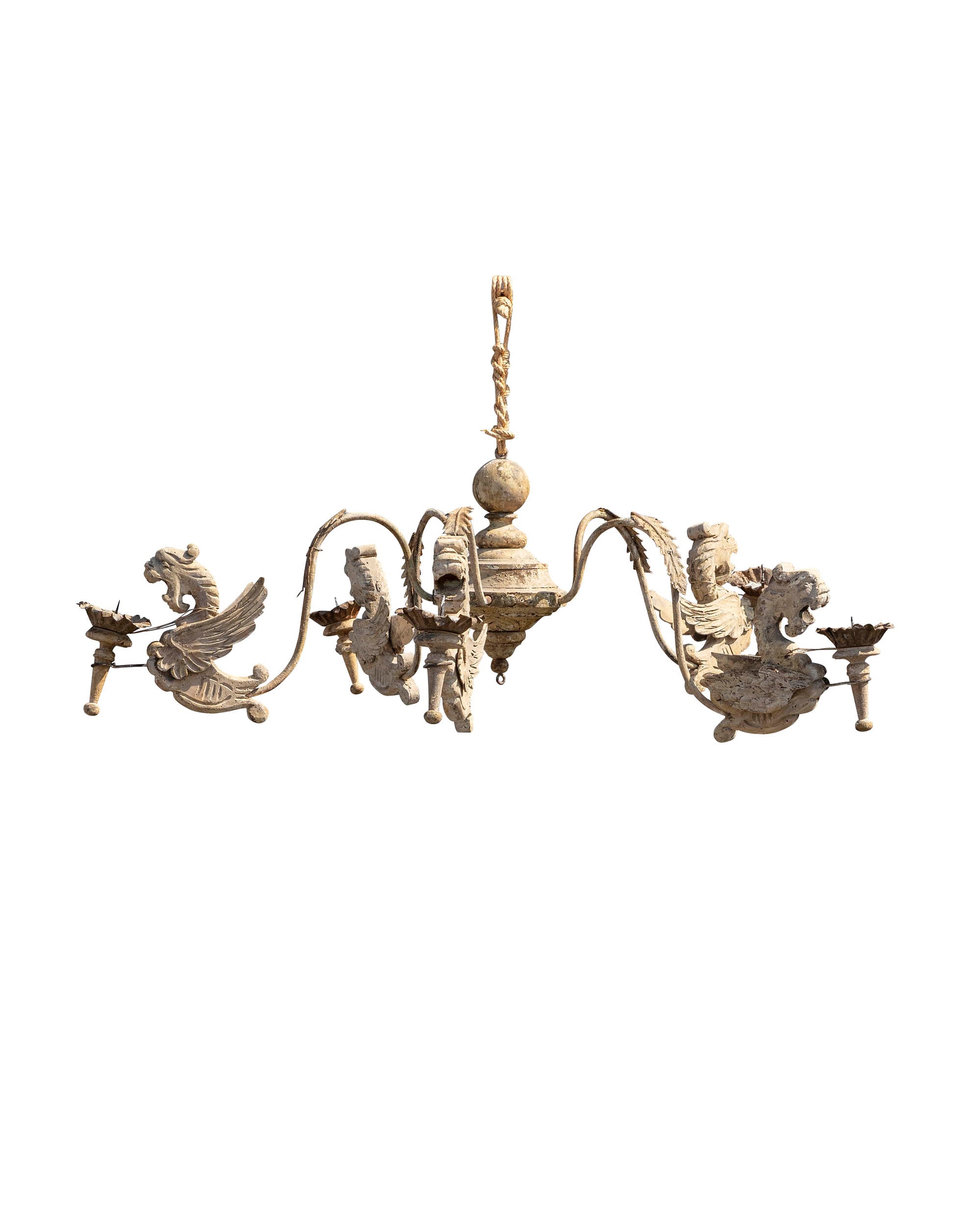 Ceiling lamp formed by five wrought-iron candle-holders with winged dragons