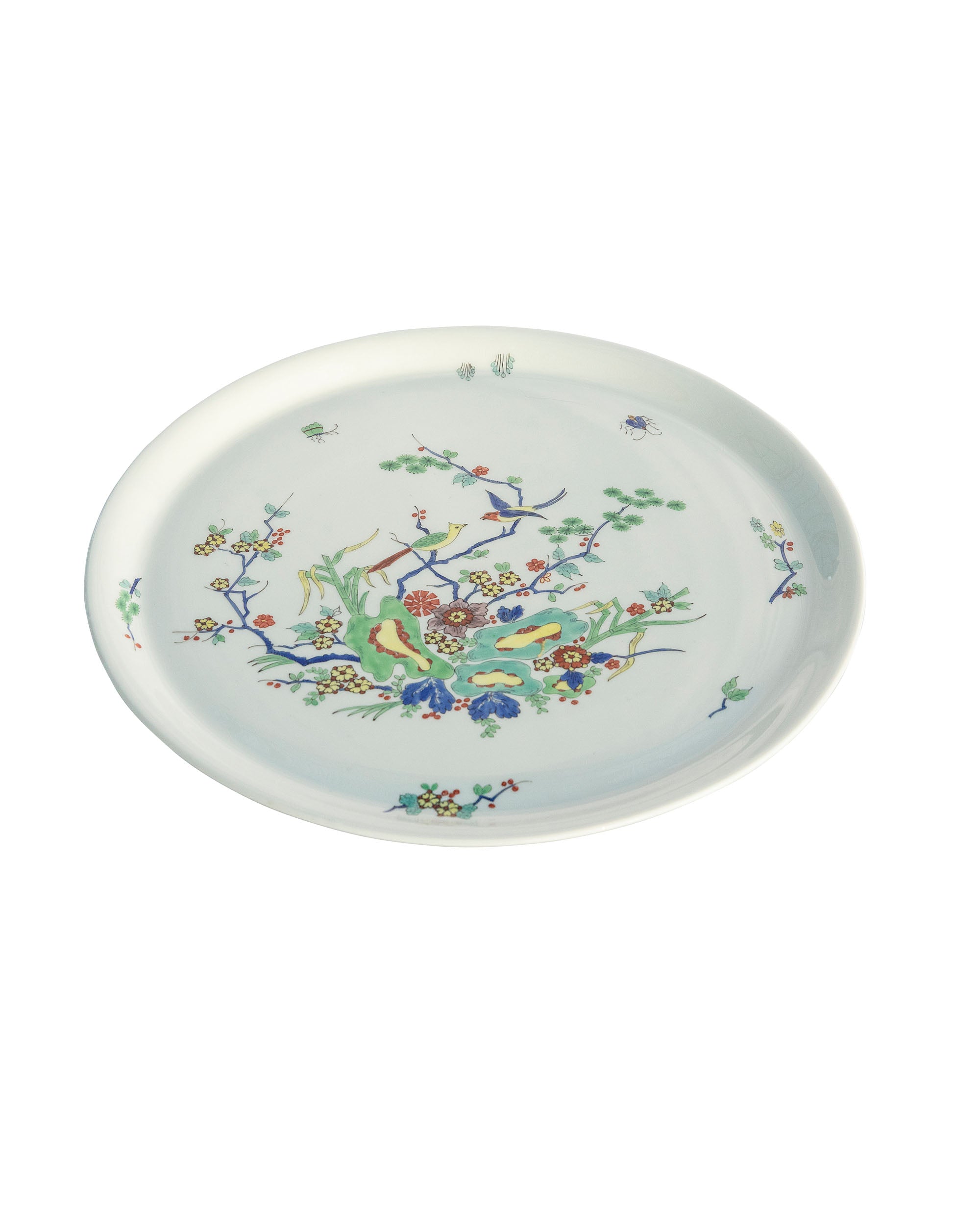 Round porcelain platter from Limoges decorated with birds and insects. France