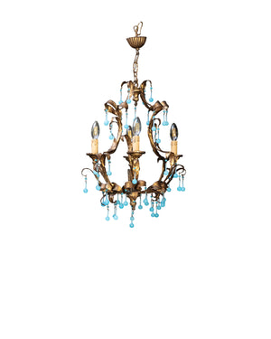Chandelier formed by blue Murano glass pendeloques, bronze structure and four light holders
