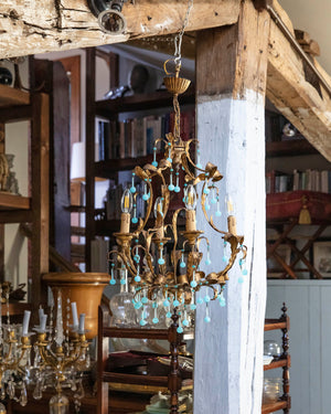 Chandelier formed by blue Murano glass pendeloques, bronze structure and four light holders