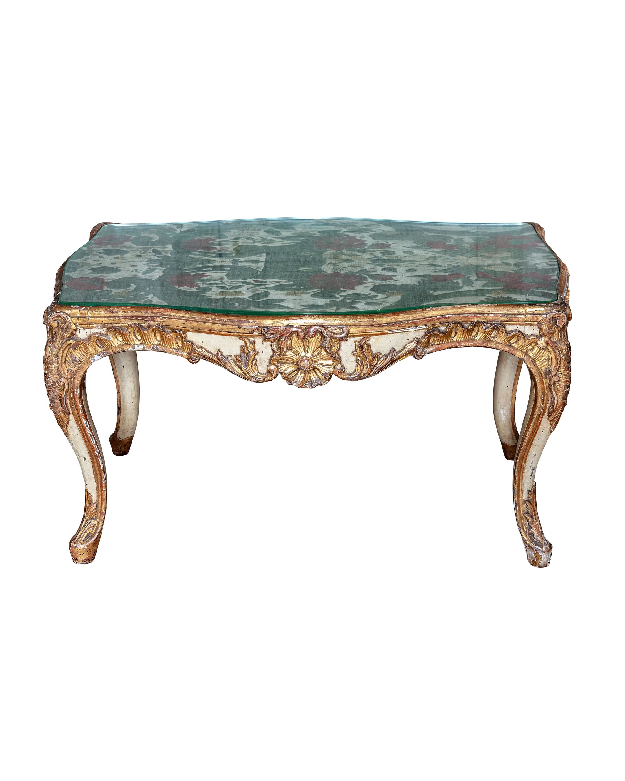 Carved wooden side table with velvet and silk damask fabric top. XVIIIth century 