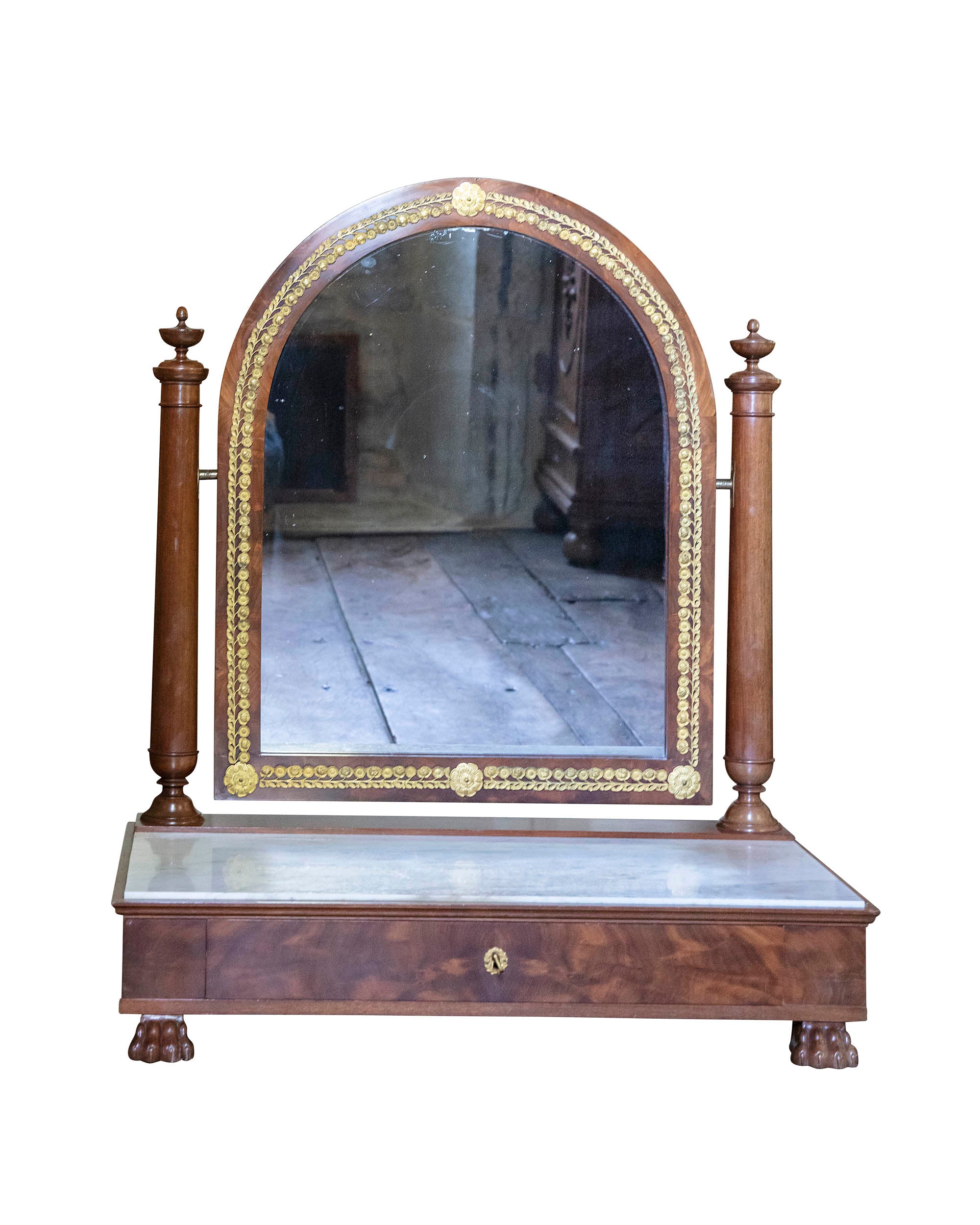 Mahogany cheval mirror with empire-style gilt bronze frieze and white marble top