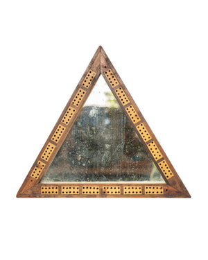 Triangular mirror with wooden frame with domino pieces