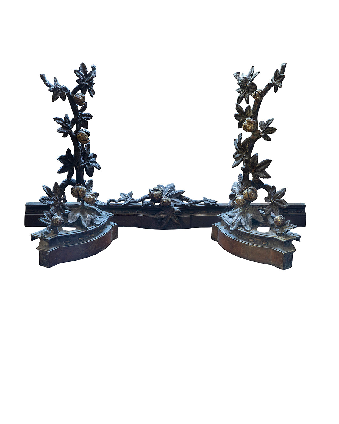 Andirons and chimney bar with chestnut branches decoration. End of the XIXth century