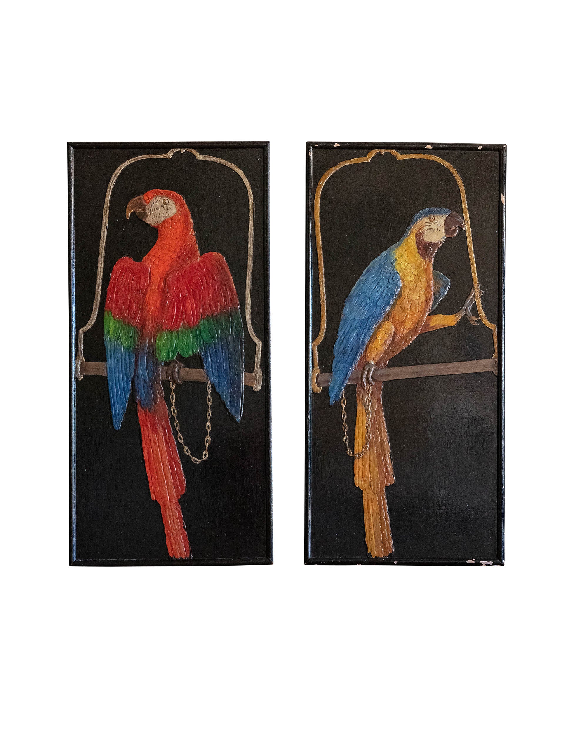 Paire de perroquets peints sur bois
