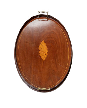 Edwardian style English mahogany oval tray with inlays and handles made of brass