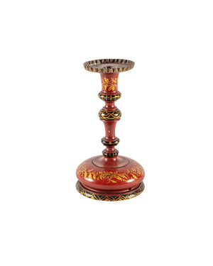 Pair of candle holders in red lacquer and golden drawings