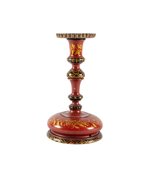 Pair of candle holders in red lacquer and golden drawings