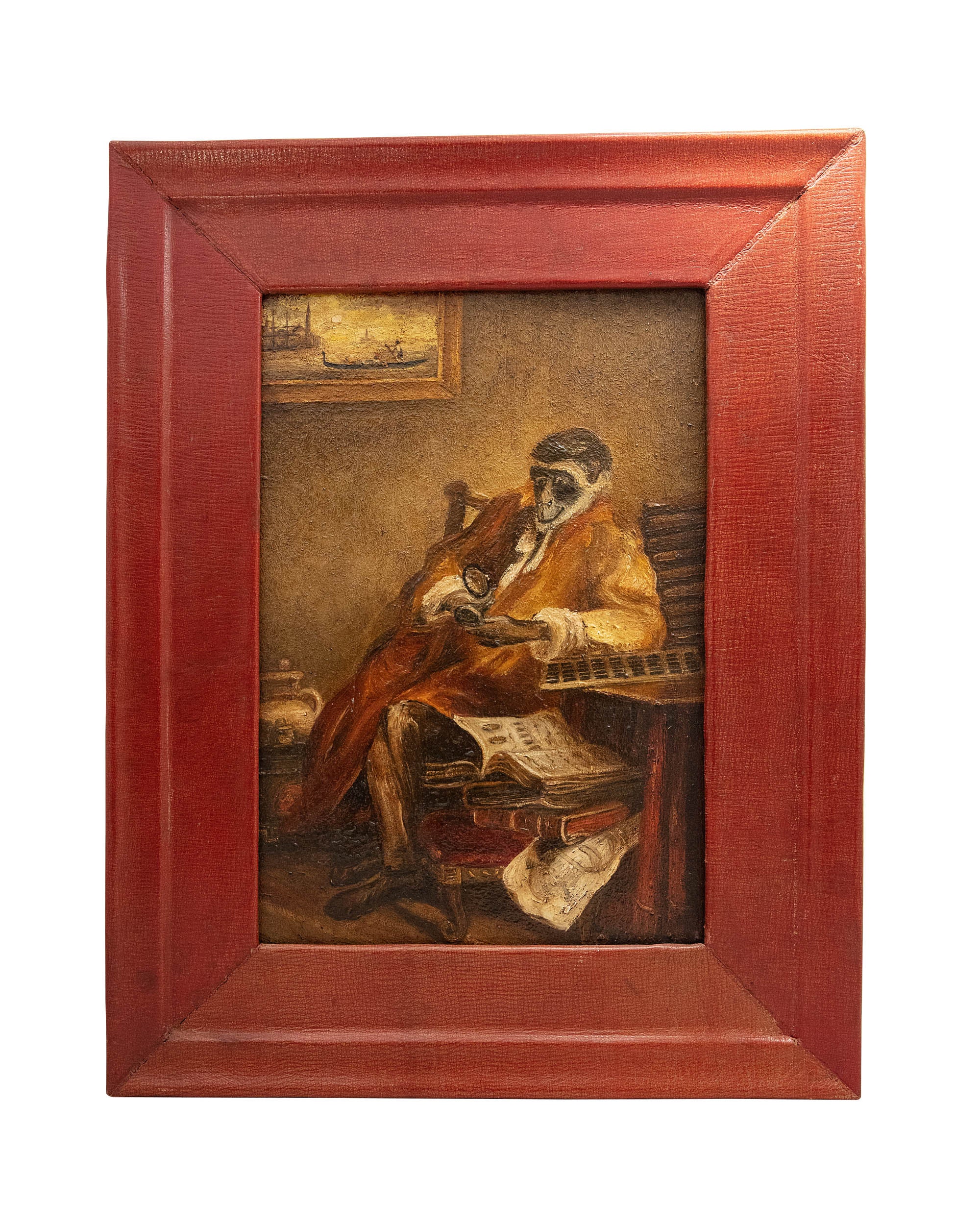 Humanized monkey painting with red leather frame. XIXth century