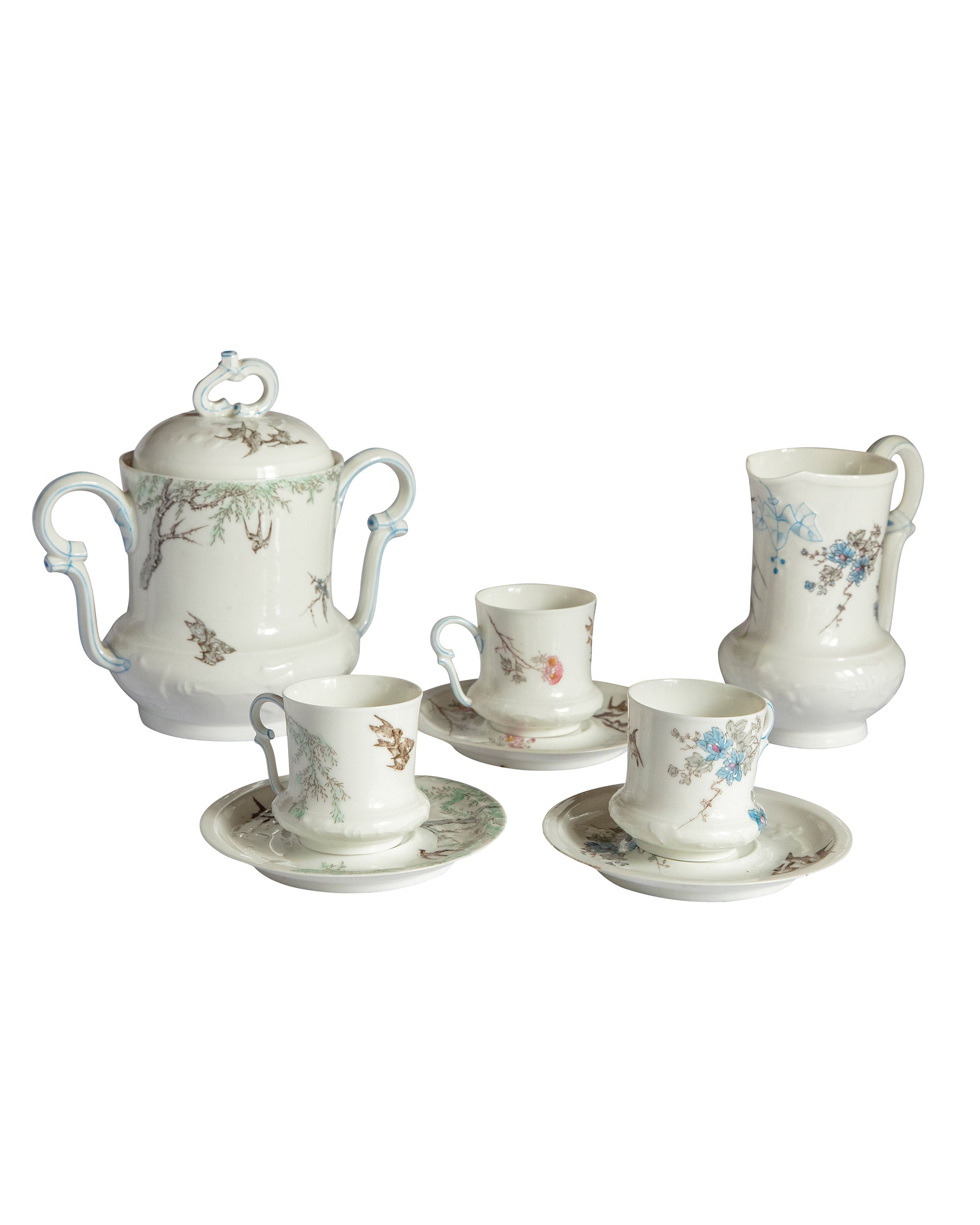 Porcelain coffee set with floral motifs and birds