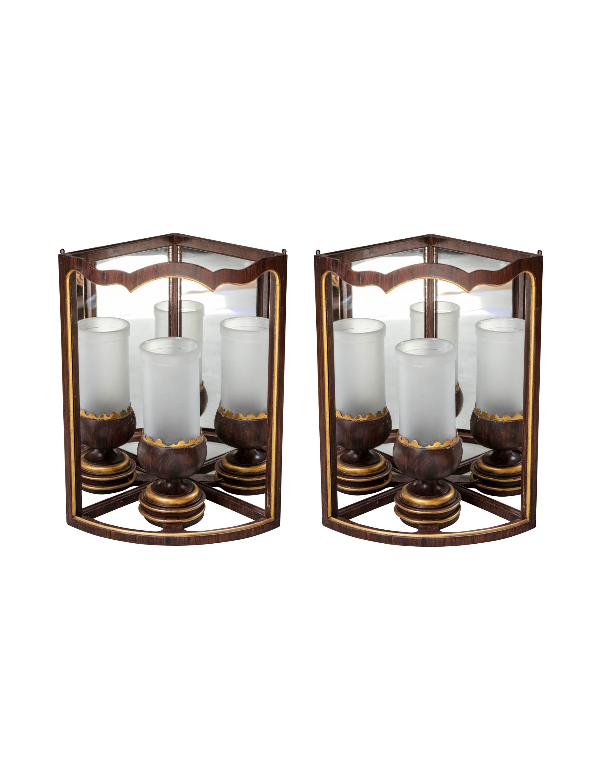 Pair of angular table lamps in polychrome wood, "Trompe l`oeil" effect with interior mirror. Early XXth century