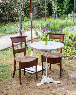 Set of six French chairs in walnut wood with skirt and bulrush wicker seat. Directoire style