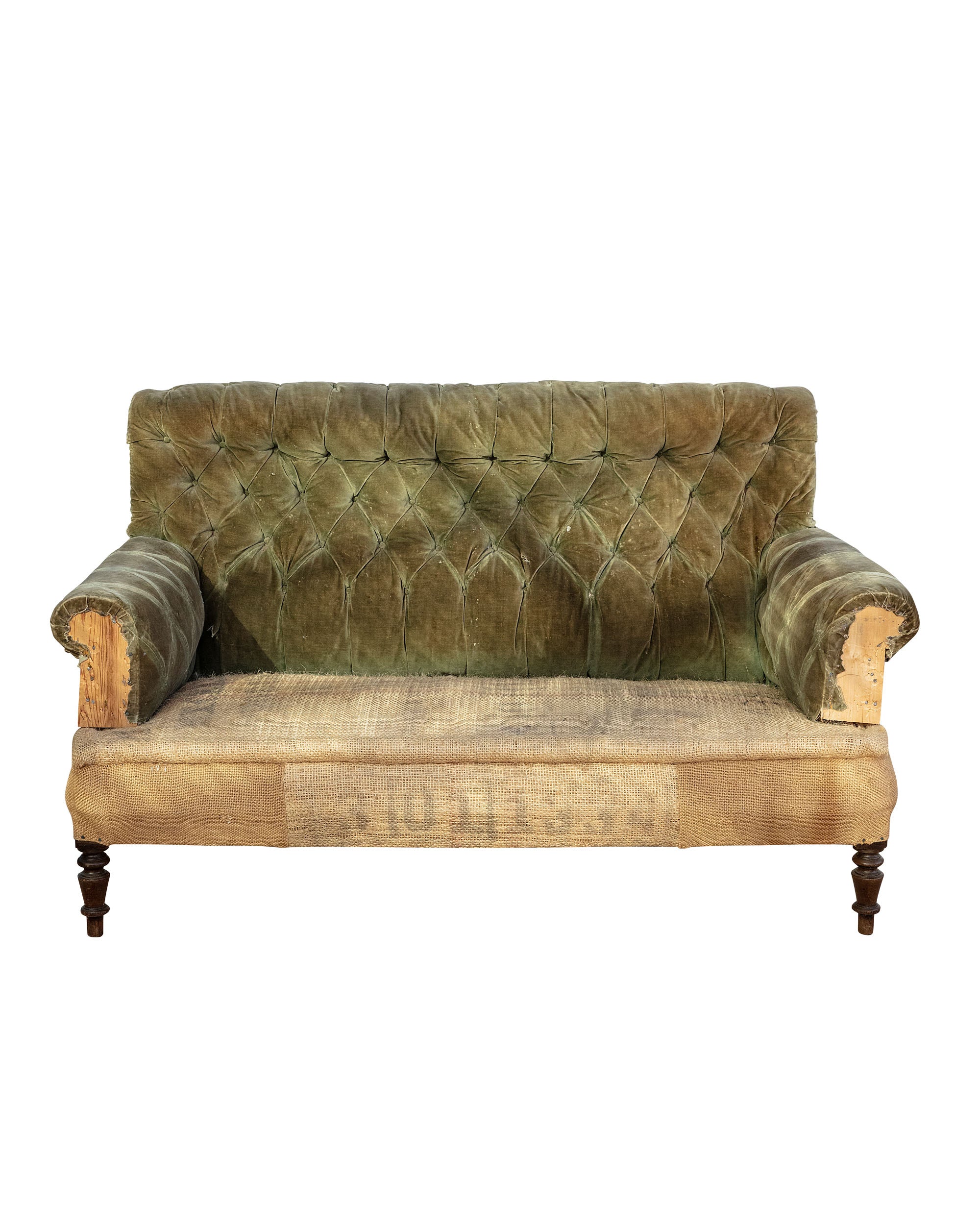 Sofa avec dossier vert en velours et le siège en toile de jute avec la structure en bois à la vue
