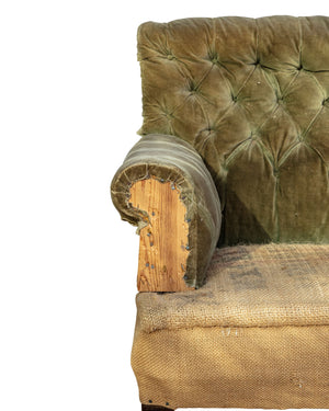 Sofa with green velvet backrest and hessian seat with wooden structure