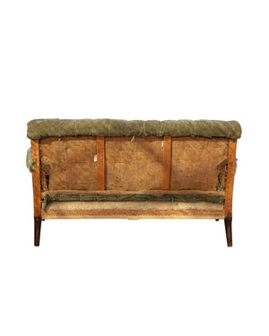 Sofa with green velvet backrest and hessian seat with wooden structure