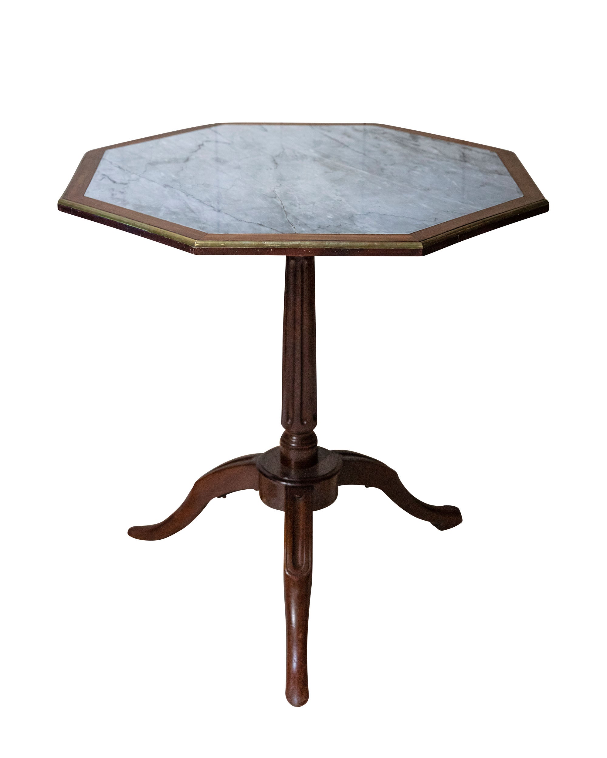 Foldable octagonal Gueridon with marble top and mahogany wood structure with a brass edge