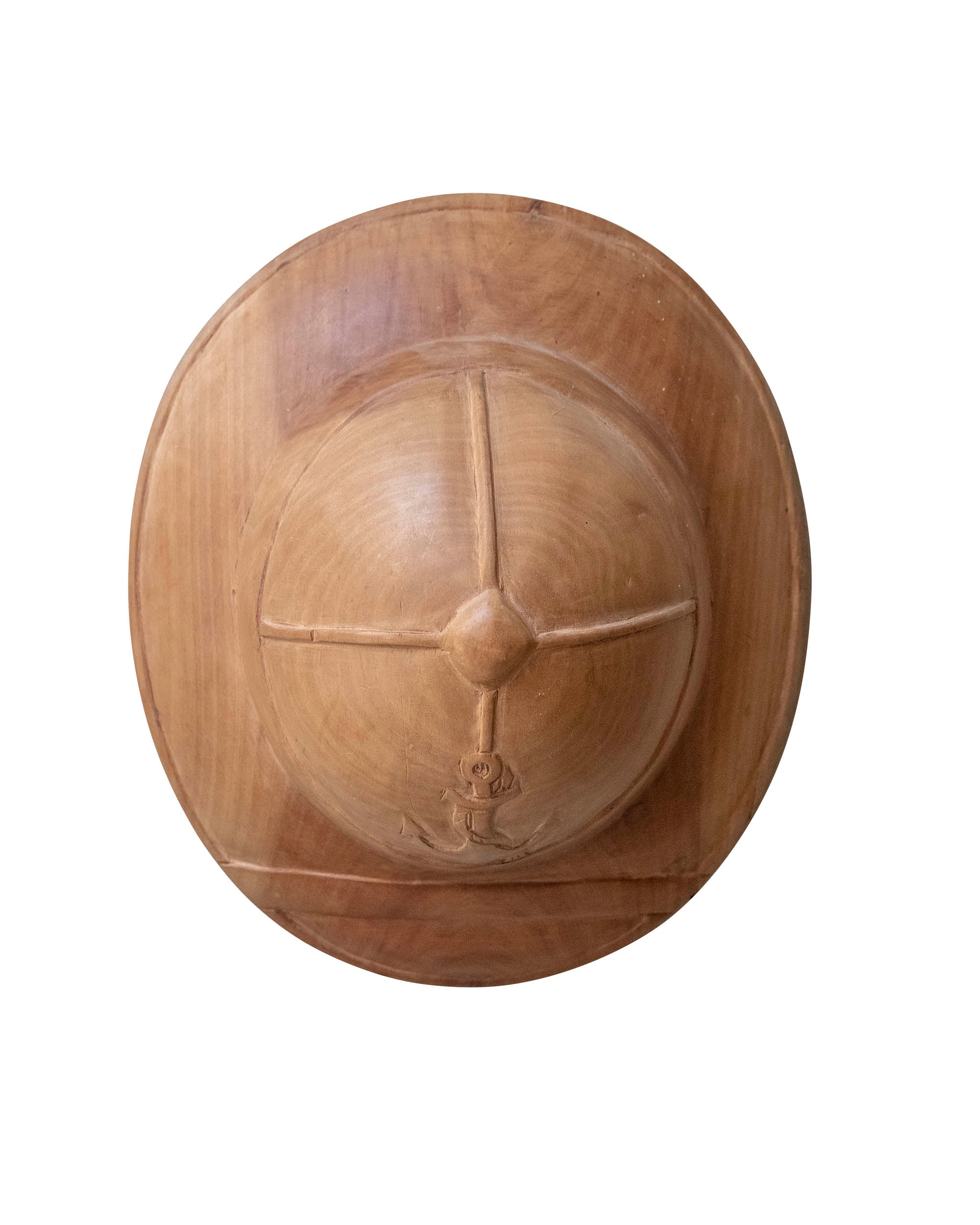 Wooden helmet with hand-carved marine emblem