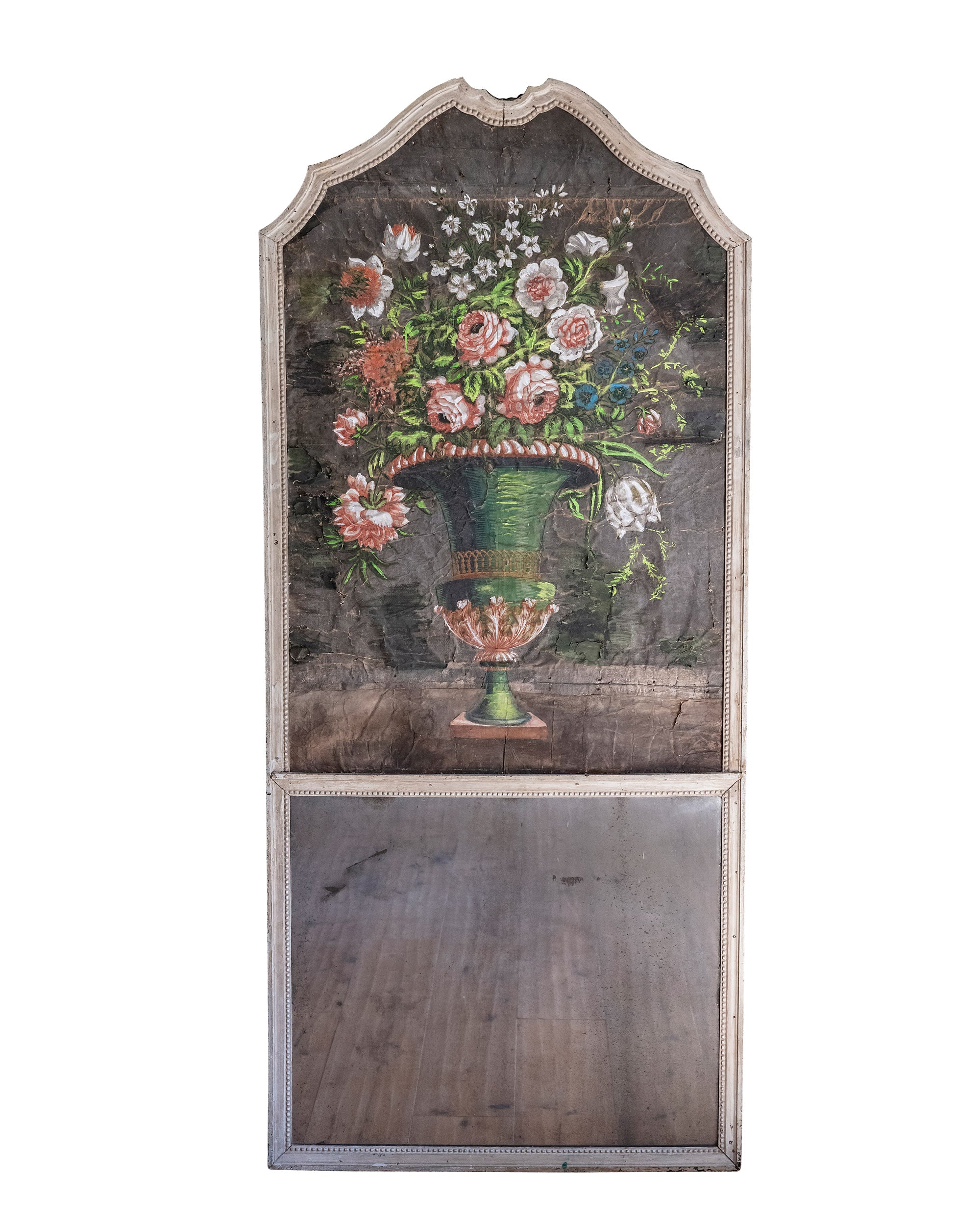  Trumeau de cheminée avec miroir original et peinture sur tissu représentant un vase à fleurs. France. XIXème siècle