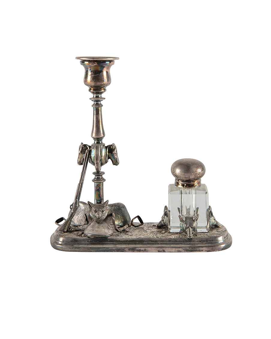 Silver inkwell and candle holder with animals