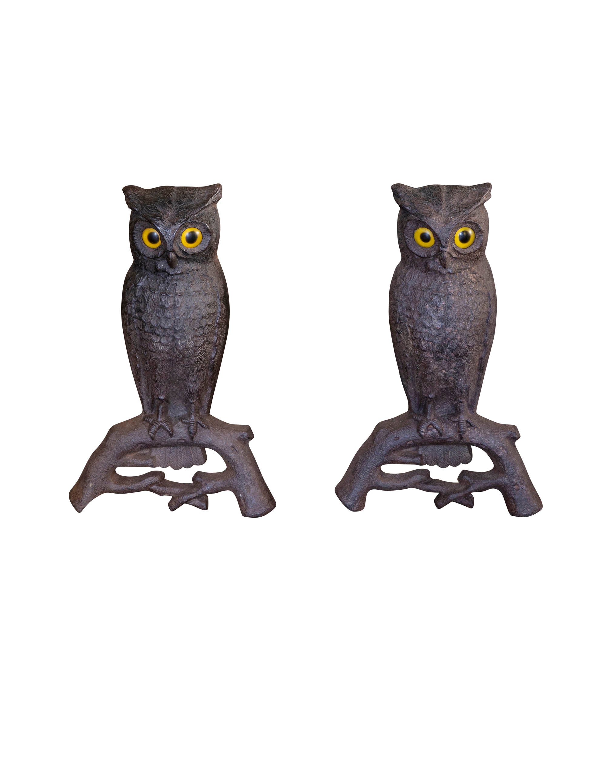 Cast iron chimney andirons shaped like owls. 1887