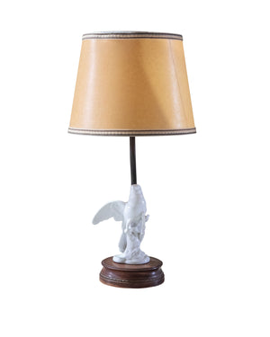 Pareja de lámparas de porcelana "perro y pájaro" sobre base de madera